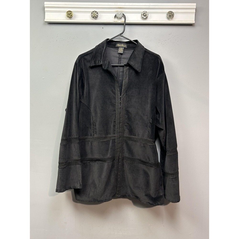 Ashley Stewart Jacket Womens 14 Black Zip Front Stretch Cotton Lace Trim Collar